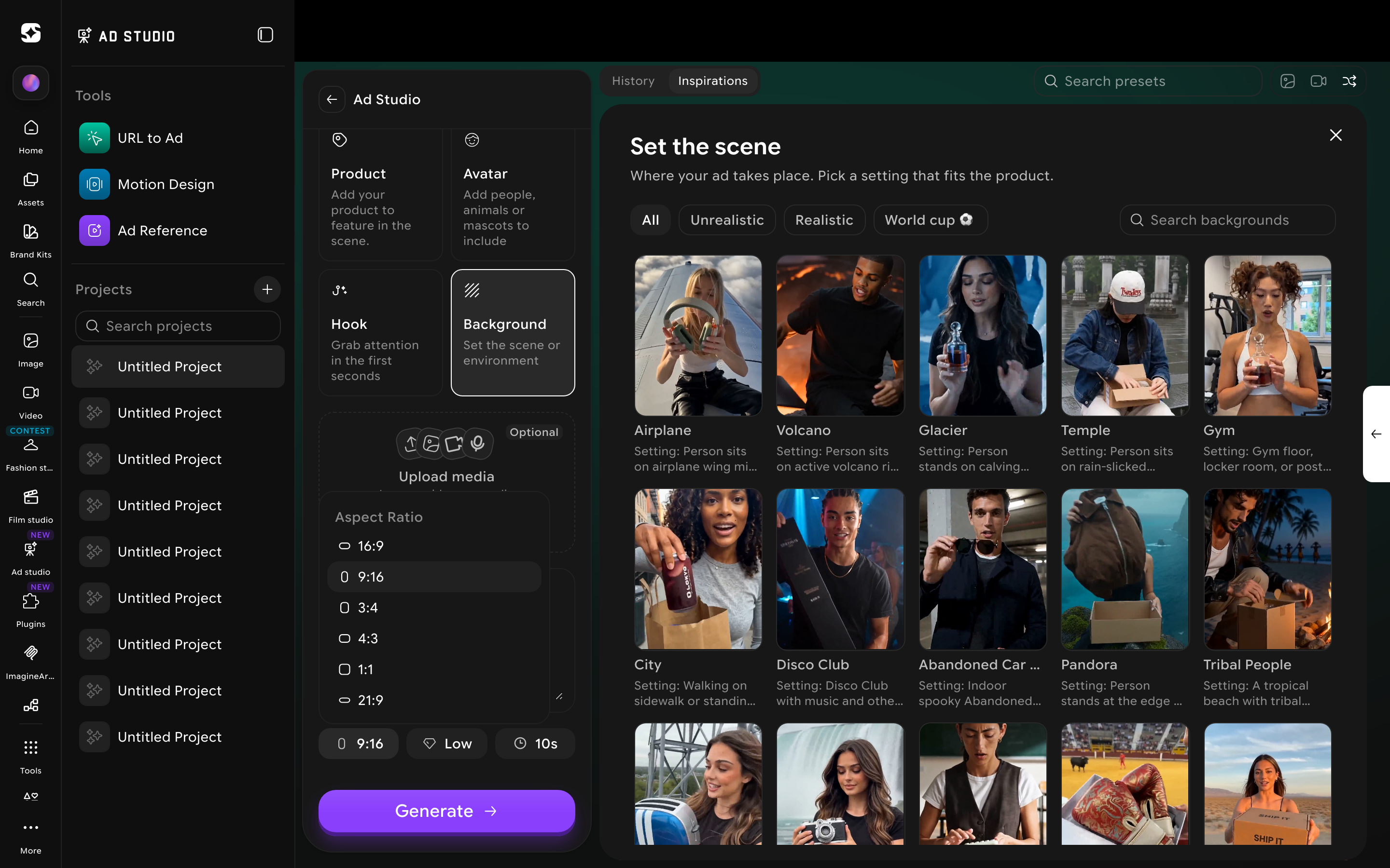 Aspect ratio picker showing all real aspect ratio options