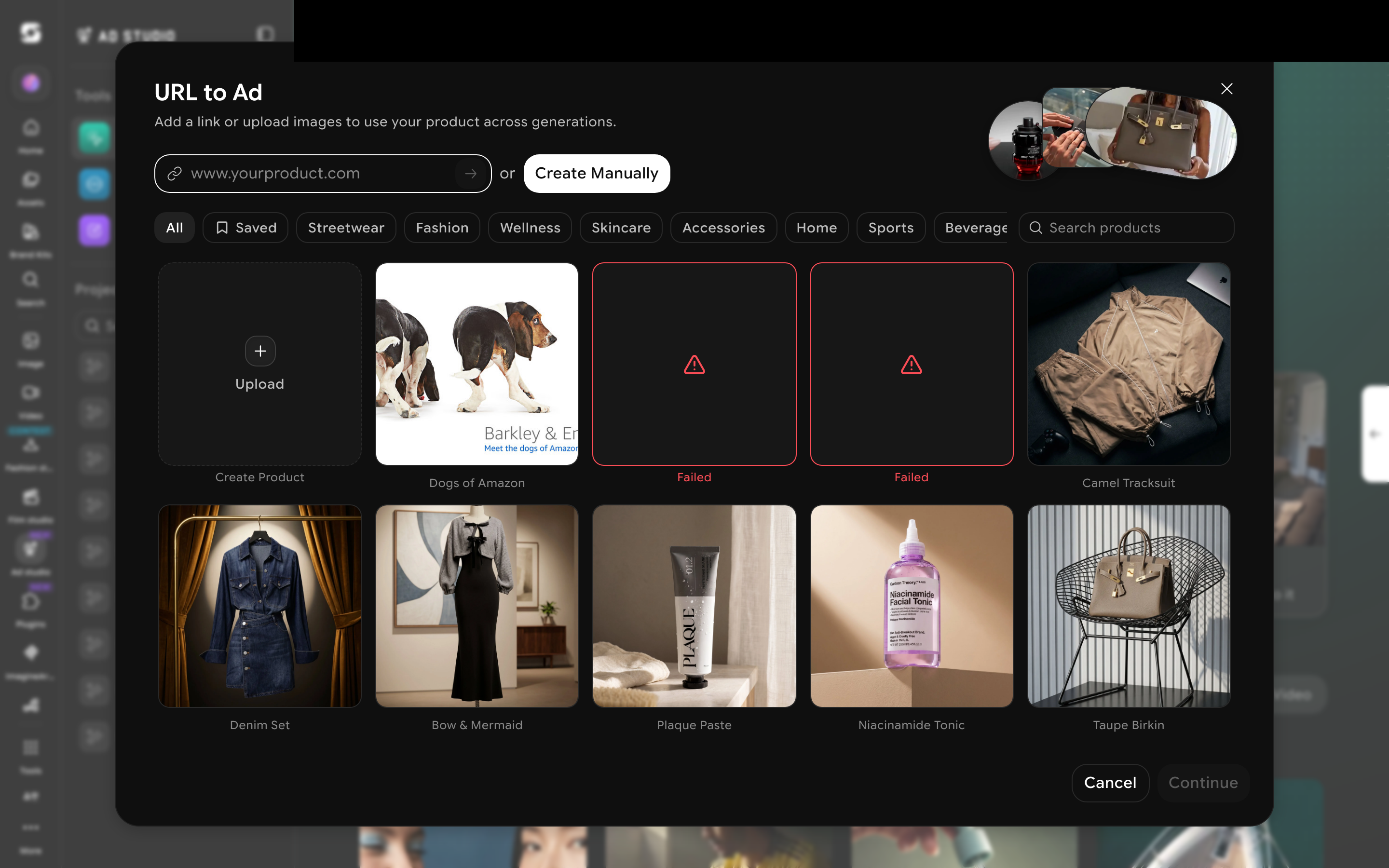 URL to Ad product picker, with a failed pull attempt visible among successful ones