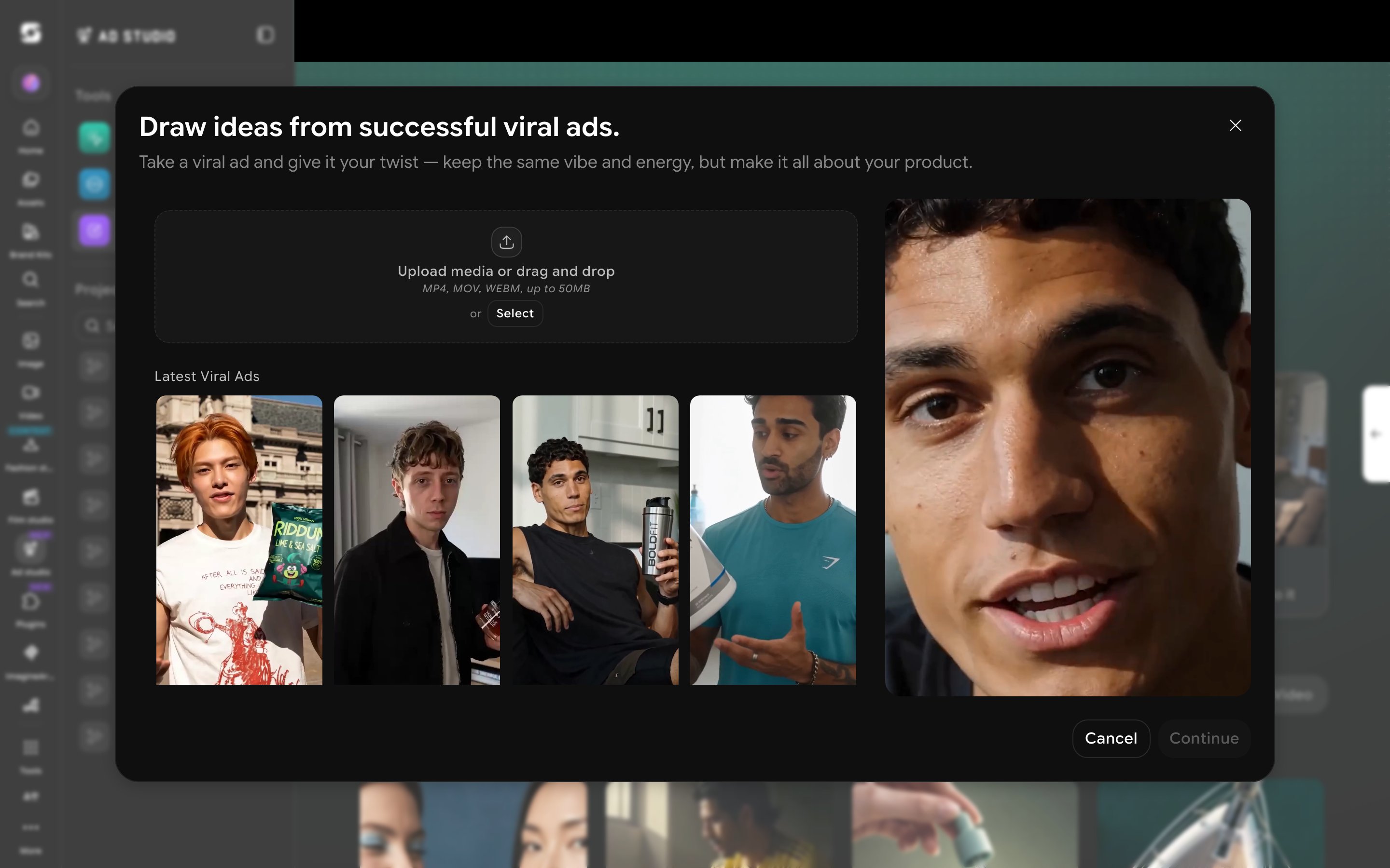 Ad Reference dialog for uploading a viral ad video or picking one from Latest Viral Ads to remix with your own product