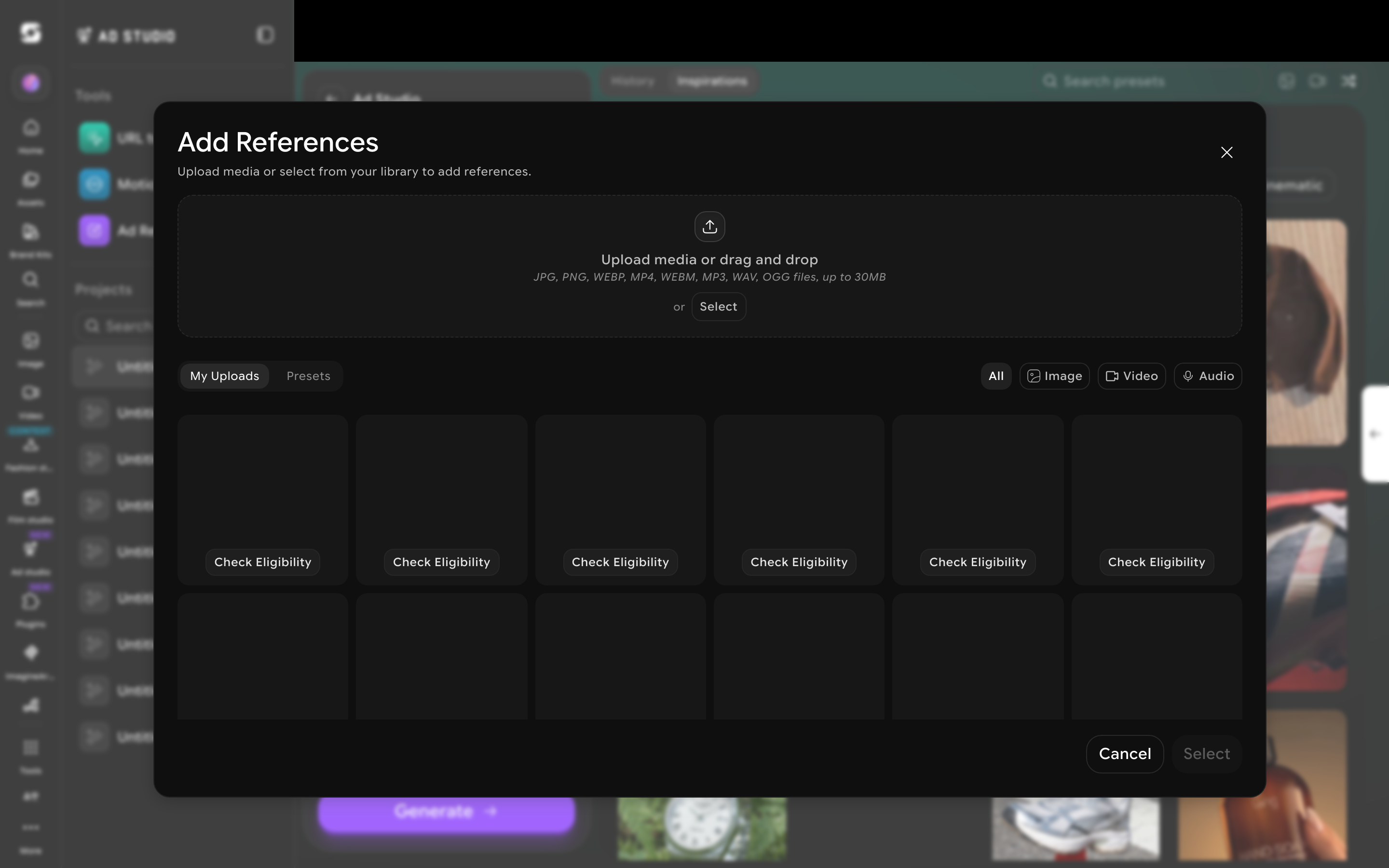 Add References dialog filterable by All, Image, Video, and Audio for attaching a voiceover or music file