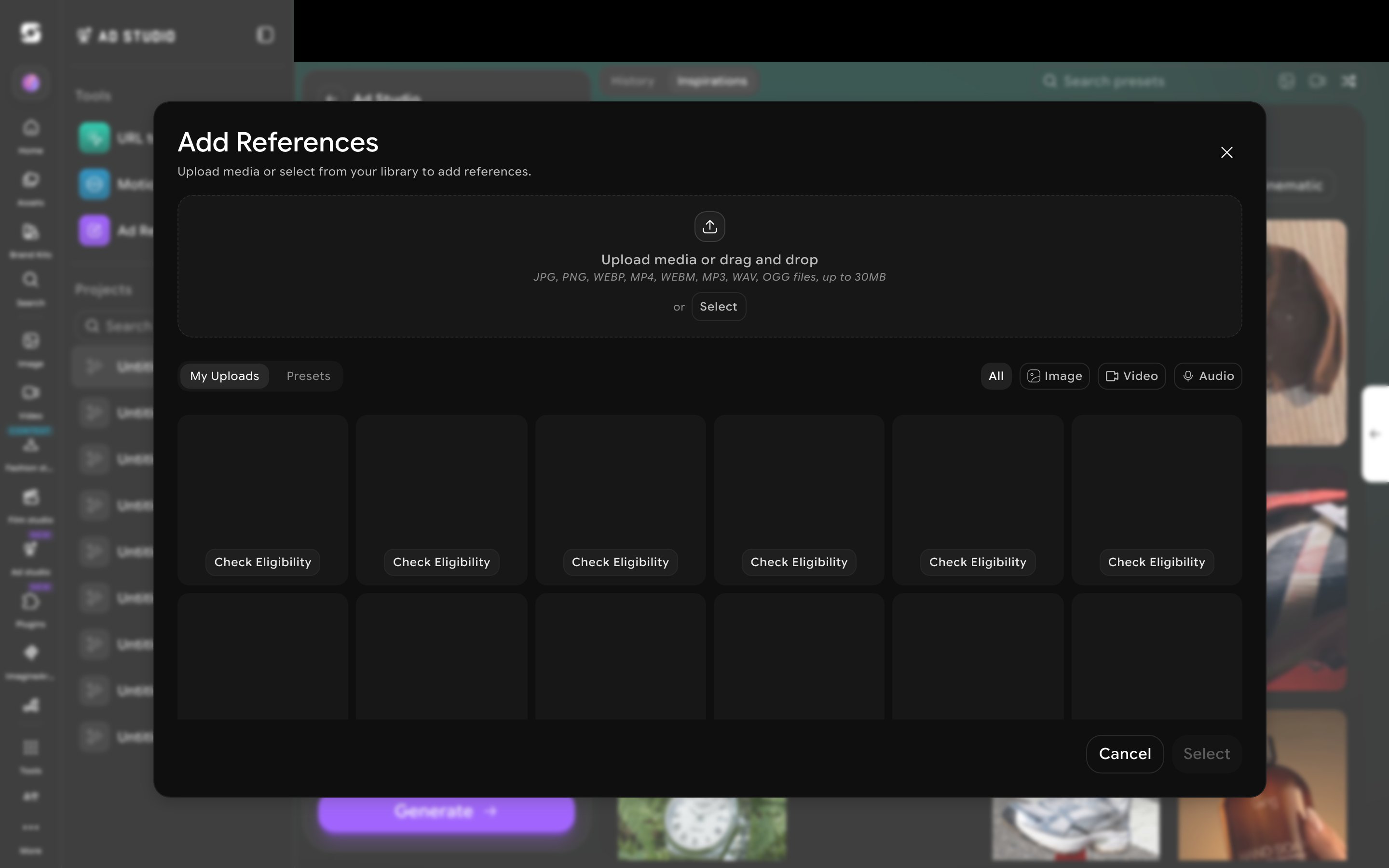 Add References dialog filterable by All, Image, Video, and Audio for attaching a voiceover or music file