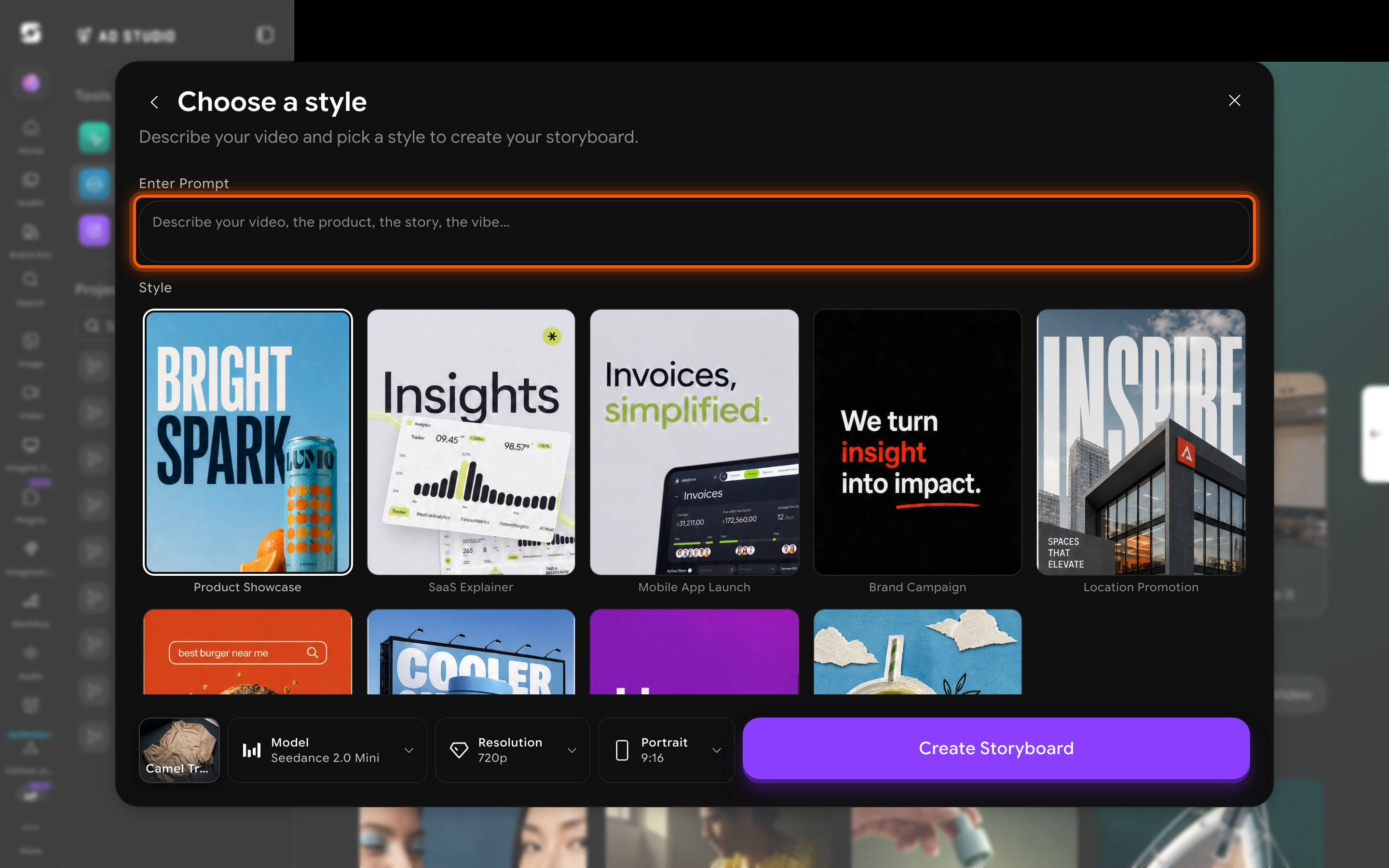 Choose a style screen with a prompt box, a grid of style templates, and Model, Resolution, and Aspect ratio controls