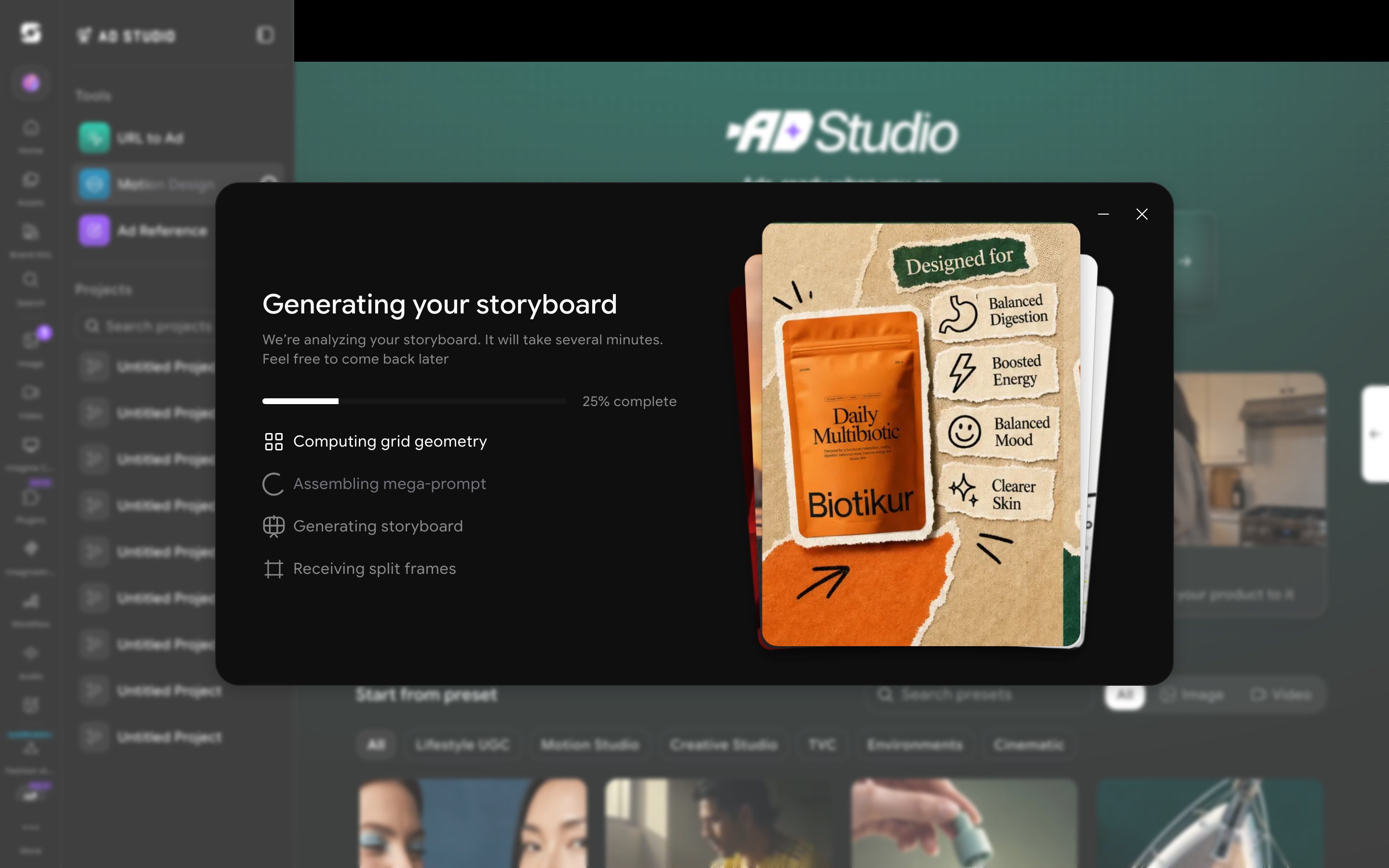 Generating your storyboard progress screen with named pipeline stages and a note that it's safe to come back later
