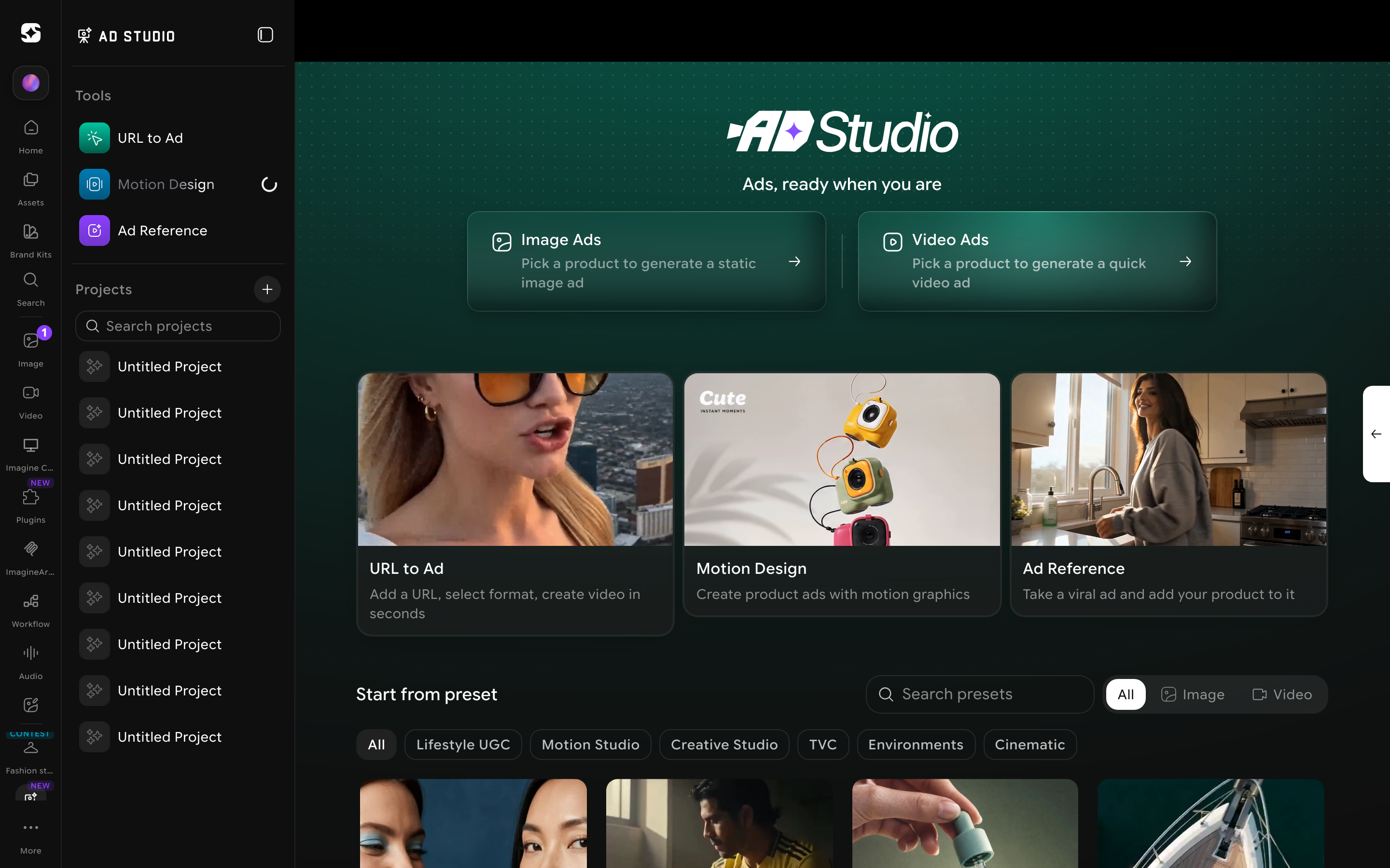 Ad Studio sidebar showing a live spinner on the Motion Design tool while a storyboard generates in the background