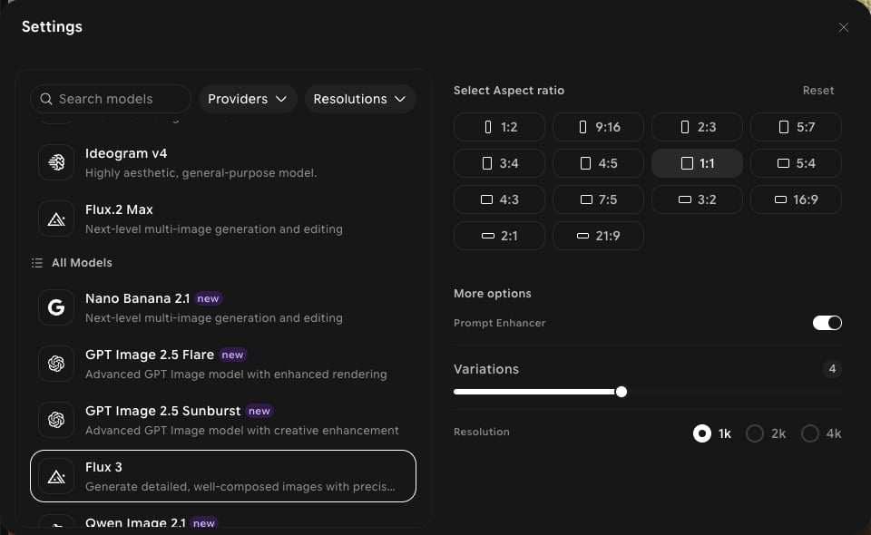 Settings panel with Flux 3 selected, showing 14 aspect ratios, Prompt Enhancer, Variations, and 1k, 2k, and 4k resolution
