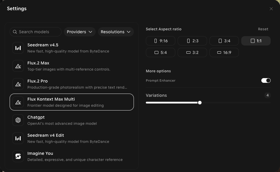 Edit settings panel with Flux Kontext Max Multi selected, showing seven aspect ratios, Prompt Enhancer, and Variations
