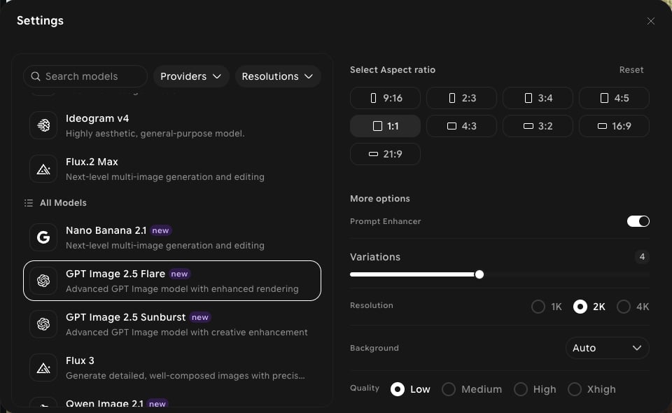 Settings panel with GPT Image 2.5 Flare selected, showing nine aspect ratios, Prompt Enhancer, Variations, Resolution, Background, and Quality options