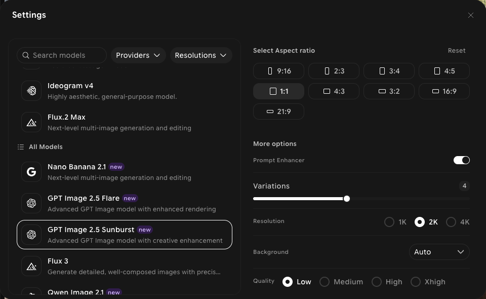 Settings panel with GPT Image 2.5 Sunburst selected, showing nine aspect ratios, Prompt Enhancer, Variations, Resolution, Background, and Quality options