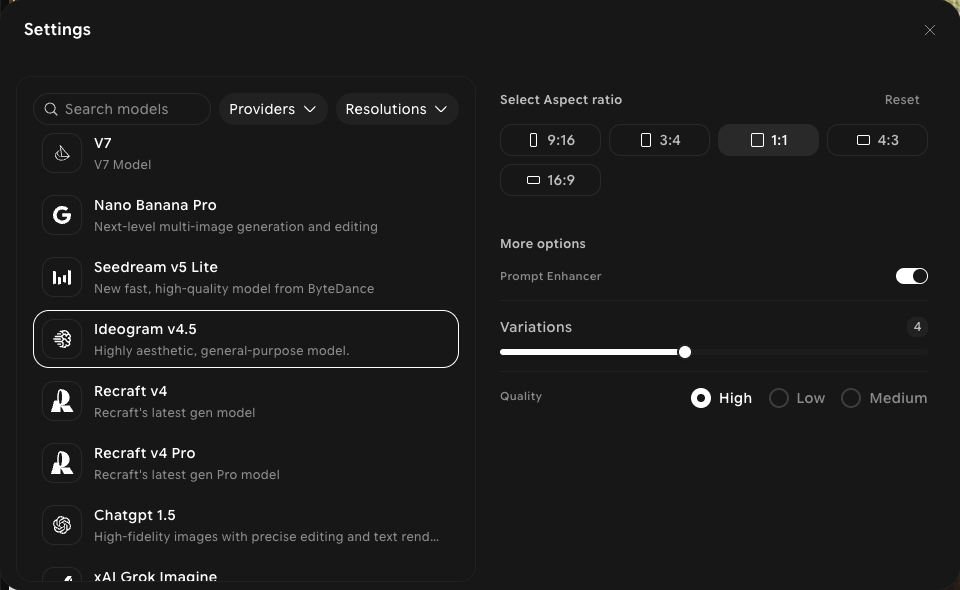Settings panel with Ideogram v4.5 selected, showing five aspect ratios, Prompt Enhancer, Variations, and Quality options