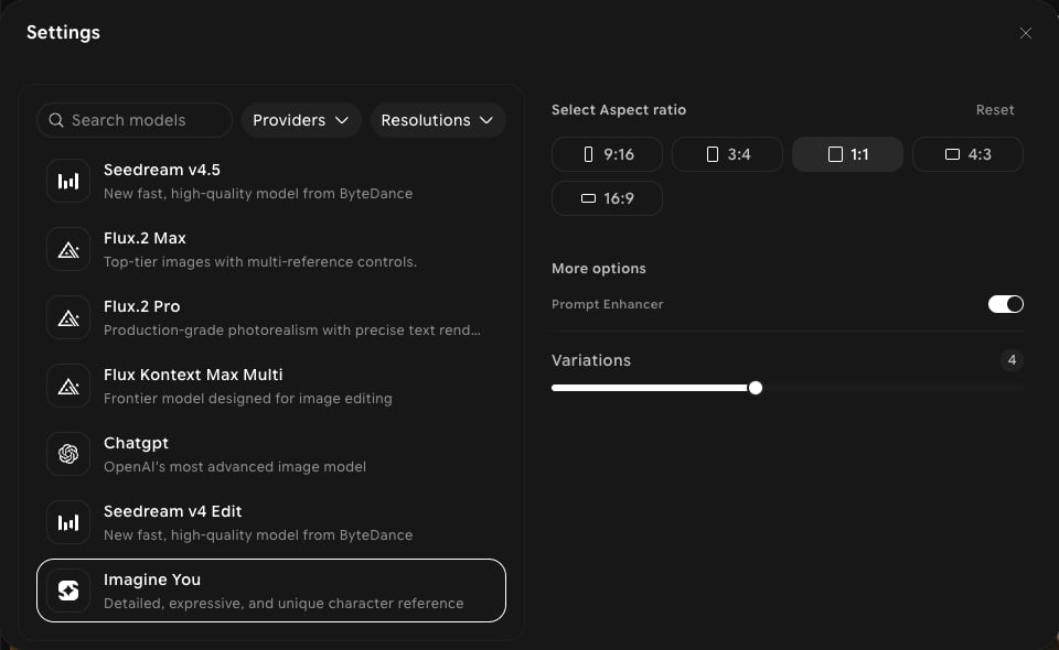 Edit settings panel with Imagine You selected, showing five aspect ratios, Prompt Enhancer, and Variations