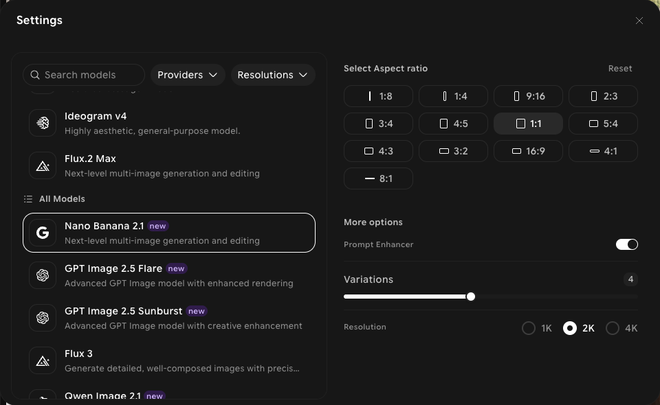 Settings panel with Nano Banana 2.1 selected, showing aspect ratios from 1:8 to 8:1, Prompt Enhancer, Variations, and 1K, 2K, and 4K resolution