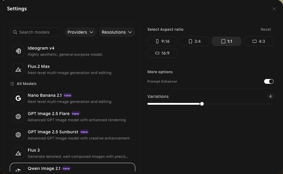 Settings panel with Qwen Image 2.1 selected, showing five aspect ratios, Prompt Enhancer, and Variations