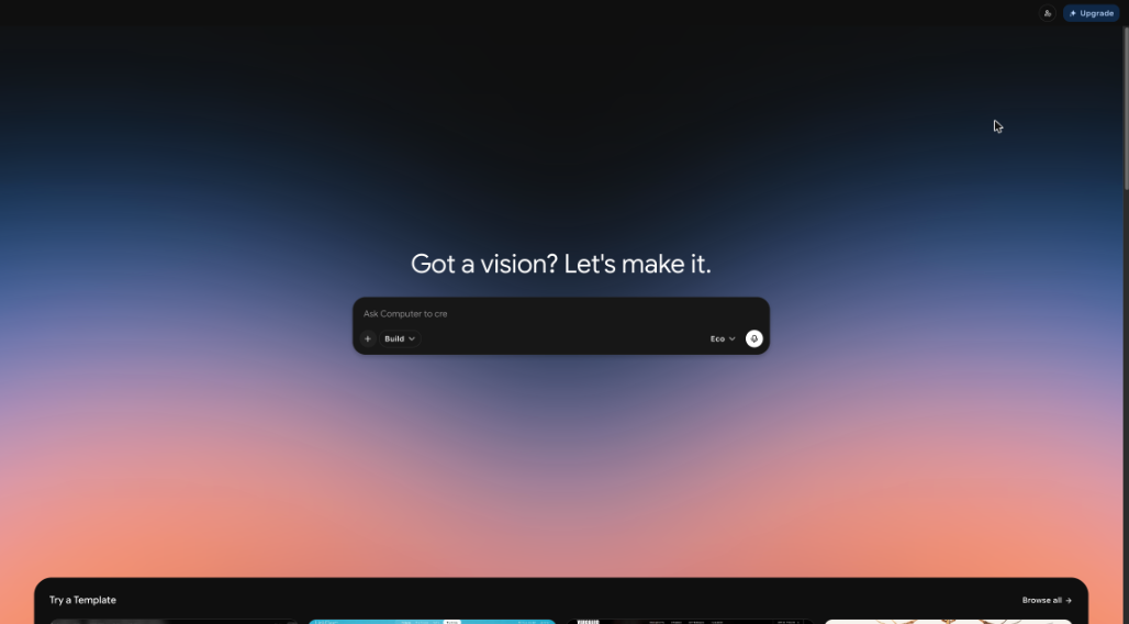 Startup home with a large prompt box showing the plus button, Build, Eco, and the microphone, and a Try a Template row with Browse all at the bottom