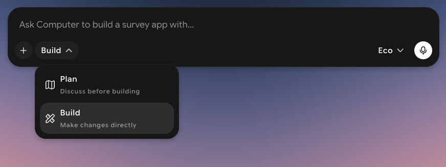 Mode dropdown open below the prompt box, showing Plan, Discuss before building, and Build, Make changes directly