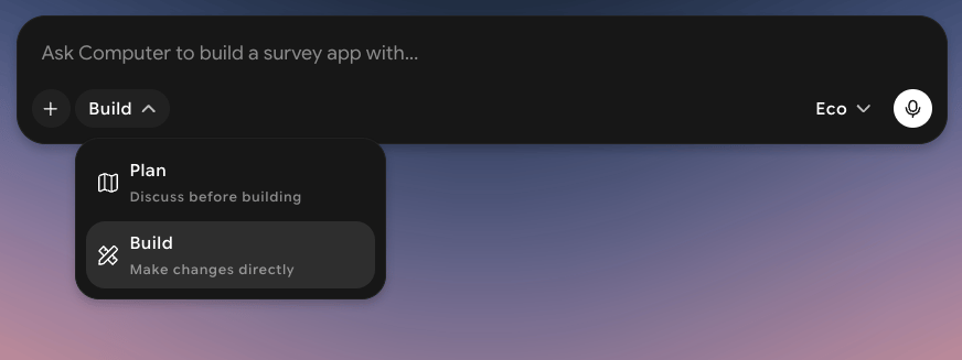 Mode dropdown open below the prompt box, showing Plan, Discuss before building, and Build, Make changes directly