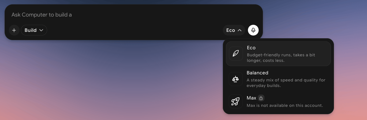 Tier dropdown open next to the microphone button, listing Eco, Balanced, and Max, with Max locked
