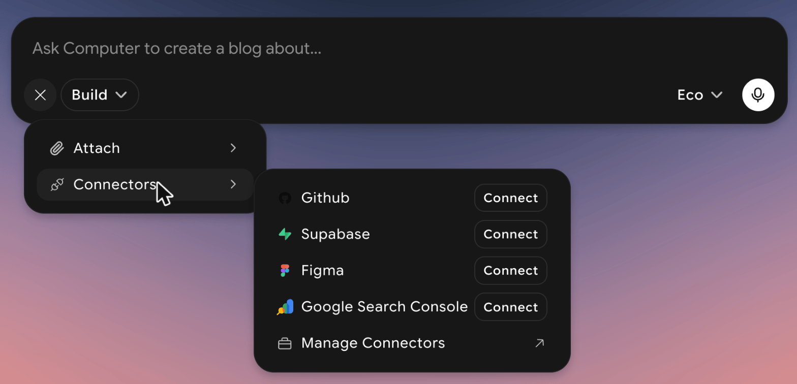 Plus menu open with Attach and Connectors, and the Connectors submenu listing Github, Supabase, Figma, and Google Search Console with Connect buttons, and Manage Connectors