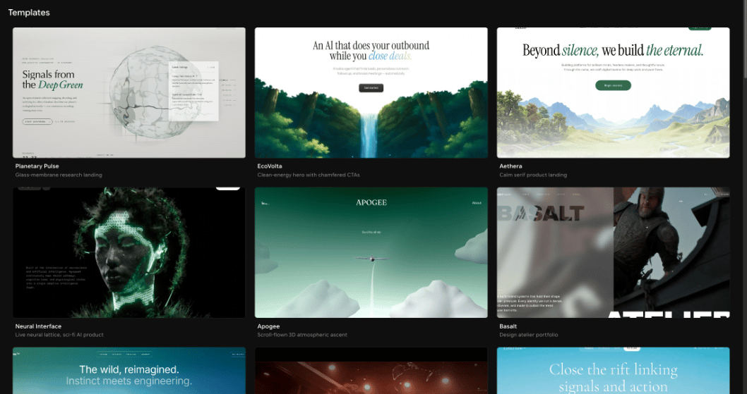 Templates gallery with Planetary Pulse, EcoVolta, Aethera, Neural Interface, Apogee, and Basalt, each with a short description