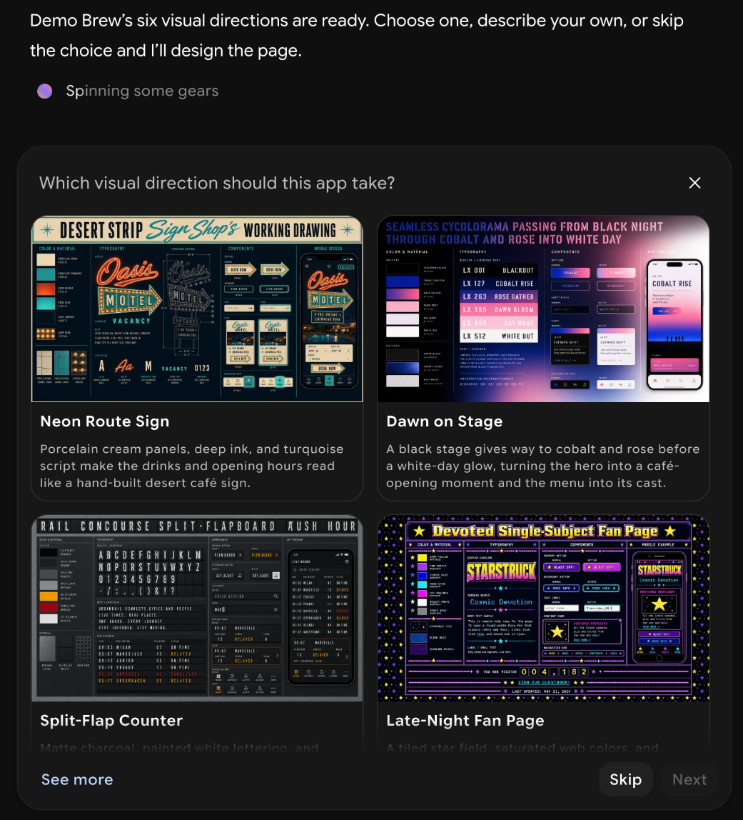 Which visual direction should this app take panel with four design directions, including Neon Route Sign and Dawn on Stage, and See more, Skip, and Next buttons