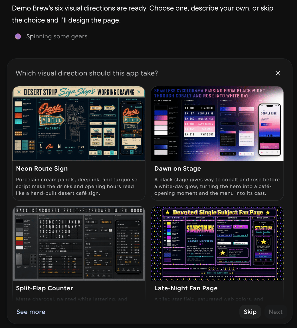 Which visual direction should this app take panel with four design directions, including Neon Route Sign and Dawn on Stage, and See more, Skip, and Next buttons