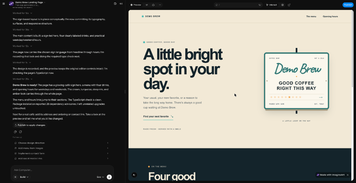 Startup project editor with the chat and follow-up suggestions on the left and a live preview of the Demo Brew landing page on the right, with Preview, Code, Cloud, More, and Publish at the top