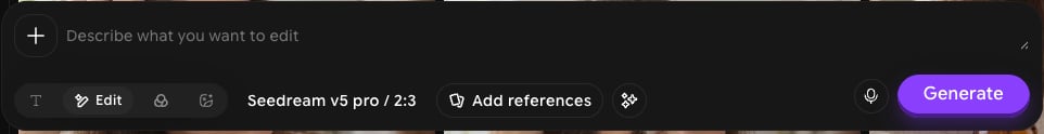 Prompt bar with the Edit tab selected, the Describe what you want to edit prompt box, the + button, model button, Add references, and Generate