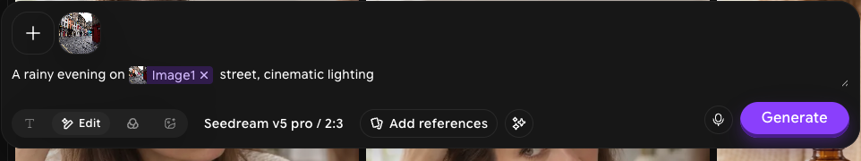Edit prompt reading "A rainy evening on Image1 street, cinematic lighting" with the Image1 tag chip and the image thumbnail above the prompt
