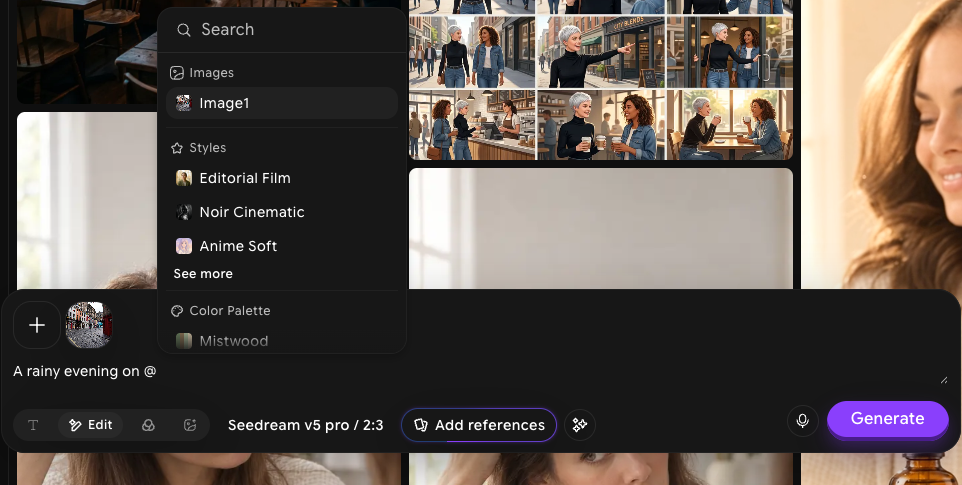 Tag menu opened by typing @ in the prompt, with Image1 under Images and saved Styles and Color Palette references