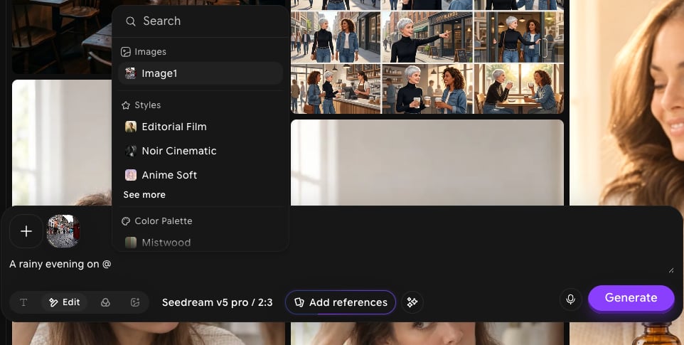 Tag menu opened by typing @ in the prompt, with Image1 under Images and saved Styles and Color Palette references