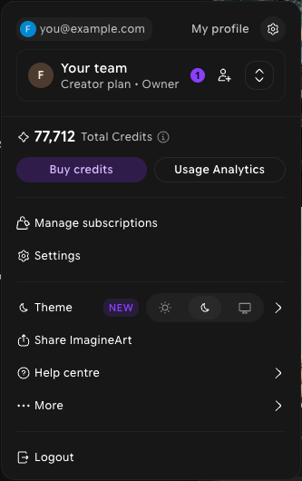 Profile menu with Total Credits, Buy credits, Usage Analytics, and Settings