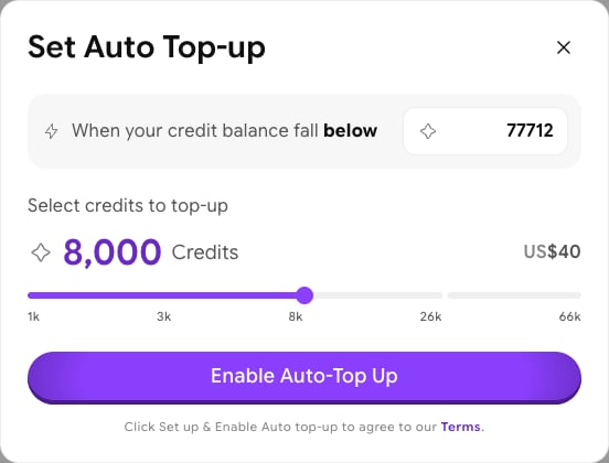 Set Auto Top-up dialog with a credit balance threshold field, a credits slider set to 8,000 credits for US$40, and the Enable Auto-Top Up button