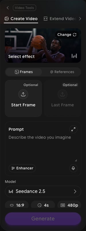 Create Video panel with the Frames tab selected, optional Start Frame and Last Frame slots, the Prompt box, the Model selector, and aspect ratio, duration, and resolution settings