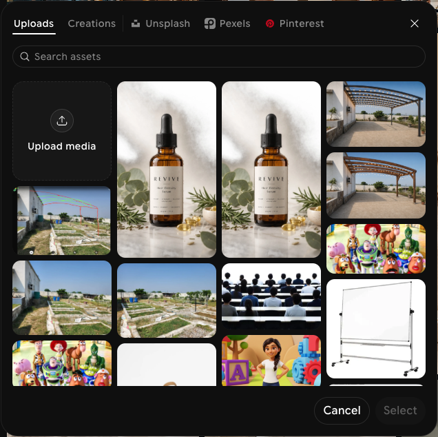 Asset picker with Uploads, Creations, Unsplash, Pexels, and Pinterest tabs, a Search assets field, an Upload media tile, and a grid of uploaded images