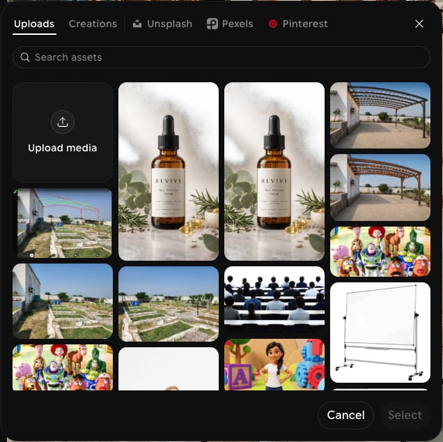 Asset picker with Uploads, Creations, Unsplash, Pexels, and Pinterest tabs, a Search assets field, an Upload media tile, and a grid of uploaded images