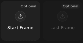 Start Frame and Last Frame slots, both marked Optional, with Last Frame unavailable for the selected model