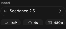 Model selector set to Seedance 2.5 above the 16:9 aspect ratio, 4s duration, and 480p resolution buttons