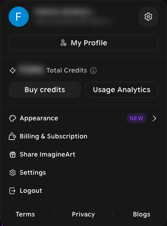 Profile menu showing My Profile, Total Credits, Buy credits, Usage Analytics, Appearance, Billing & Subscription, Share ImagineArt, Settings, and Logout