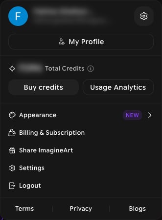 Profile menu showing My Profile, Total Credits, Buy credits, Usage Analytics, Appearance, Billing & Subscription, Share ImagineArt, Settings, and Logout