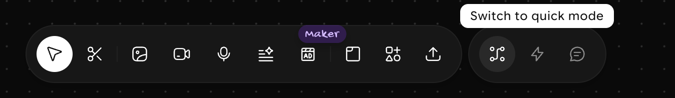 Bottom toolbar in node mode, with the mode switcher on the right and the Switch to quick mode tooltip above the lightning bolt