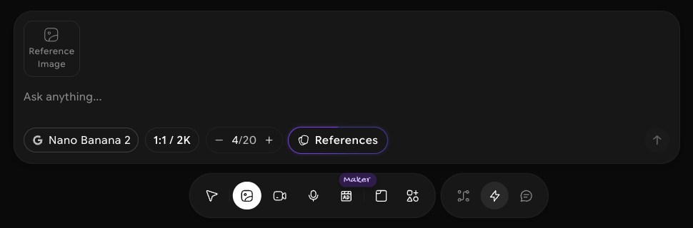 Quick Mode prompt bar for Image above the bottom toolbar, with the Reference Image slot, the Ask anything field, Nano Banana 2, 1:1 / 2K, 4/20, and References