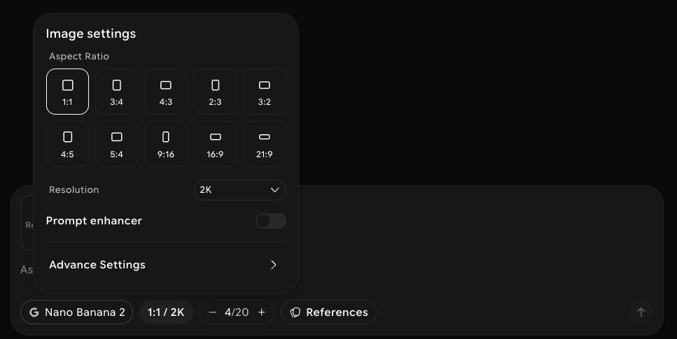 Image settings popover with aspect ratios from 1:1 to 21:9, the Resolution menu set to 2K, the Prompt enhancer toggle, and Advance Settings