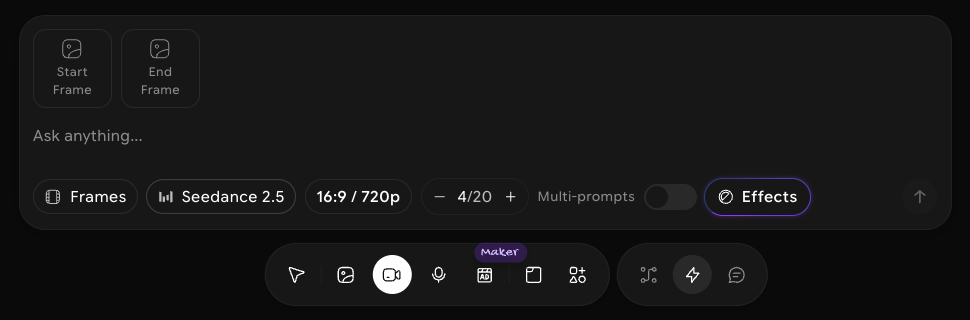 Video prompt bar with Start Frame and End Frame slots, Frames, Seedance 2.5, 16:9 / 720p, 4/20, the Multi-prompts toggle, and Effects