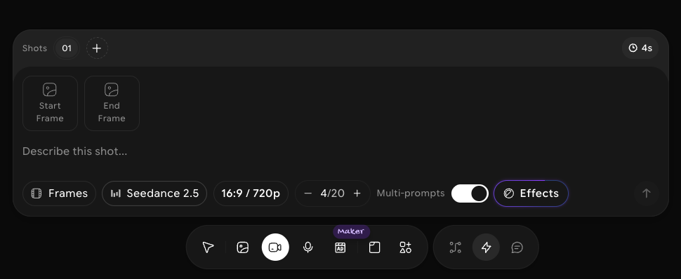 Video prompt bar with Multi-prompts on, showing the Shots row with shot 01, a plus button, a 4s length, and the Describe this shot field