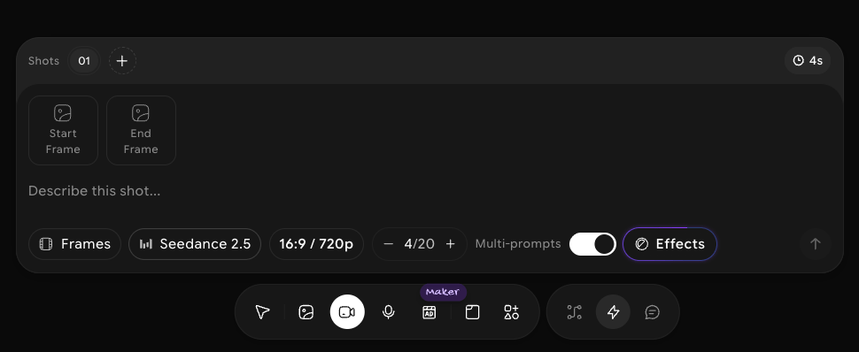 Video prompt bar with Multi-prompts on, showing the Shots row with shot 01, a plus button, a 4s length, and the Describe this shot field
