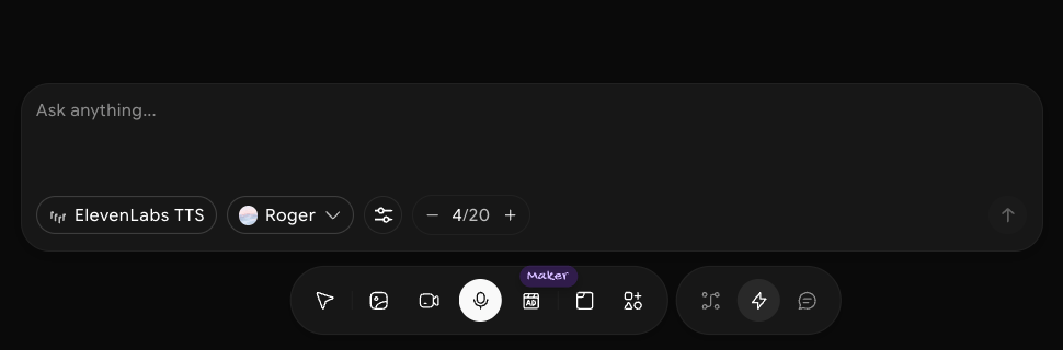 Audio prompt bar with the Ask anything field, ElevenLabs TTS, the Roger voice menu, a settings button, and 4/20