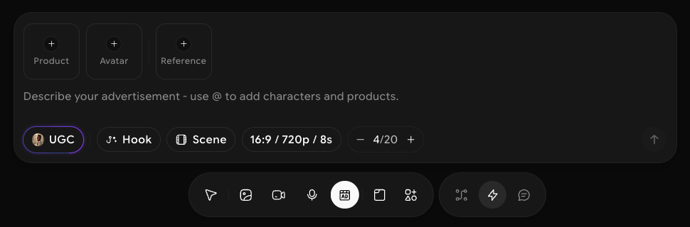 Ad Maker prompt bar with Product, Avatar, and Reference slots, the Describe your advertisement field, and UGC, Hook, Scene, 16:9 / 720p / 8s, and 4/20