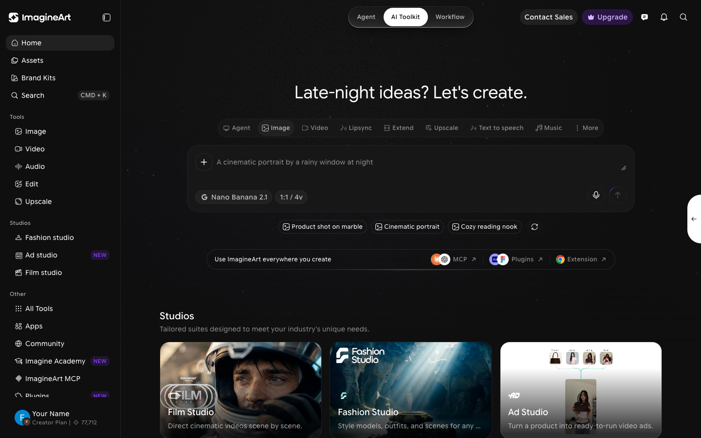 AI Toolkit Home with the Agent, AI Toolkit, and Workflow switcher at the top, tool tabs above a centered prompt box, and the Image tab selected