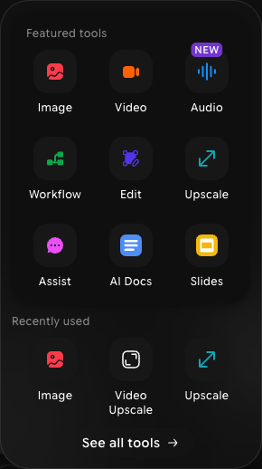 Tool switcher panel with a Featured tools grid, a Recently used row, and a See all tools button