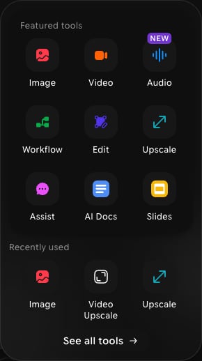 Tool switcher panel with a Featured tools grid, a Recently used row, and a See all tools button