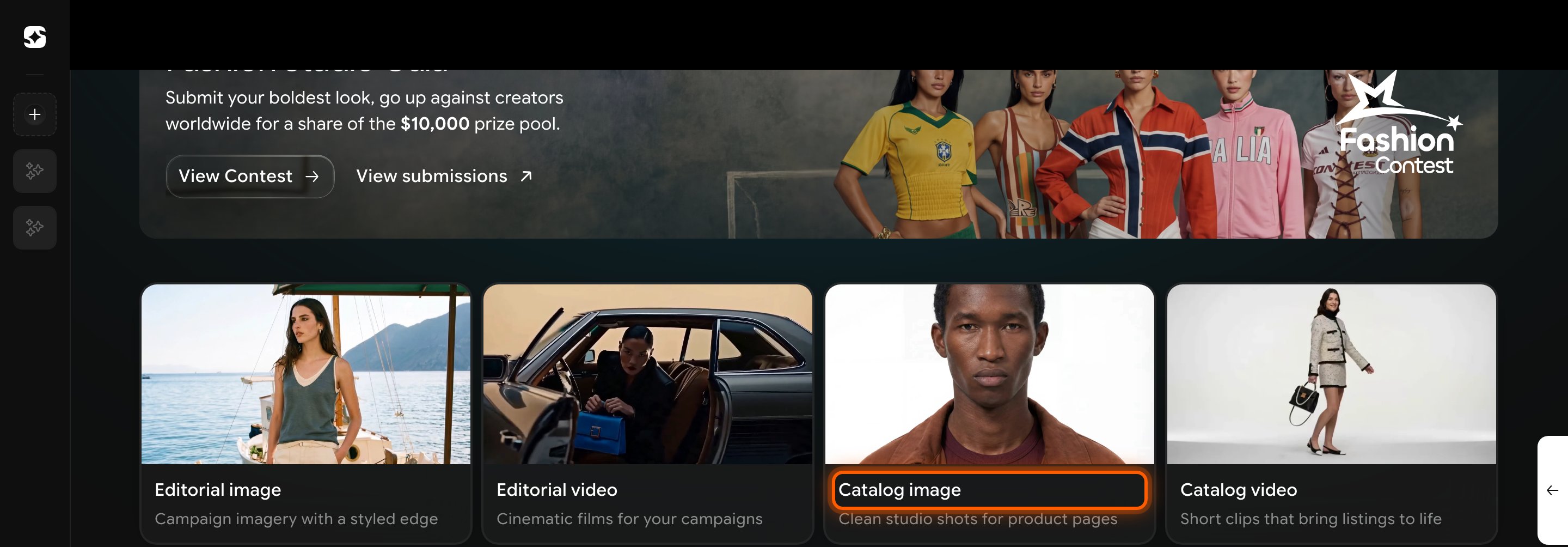 Catalogue Shoot editor with model, outfit, styling, and scene panels